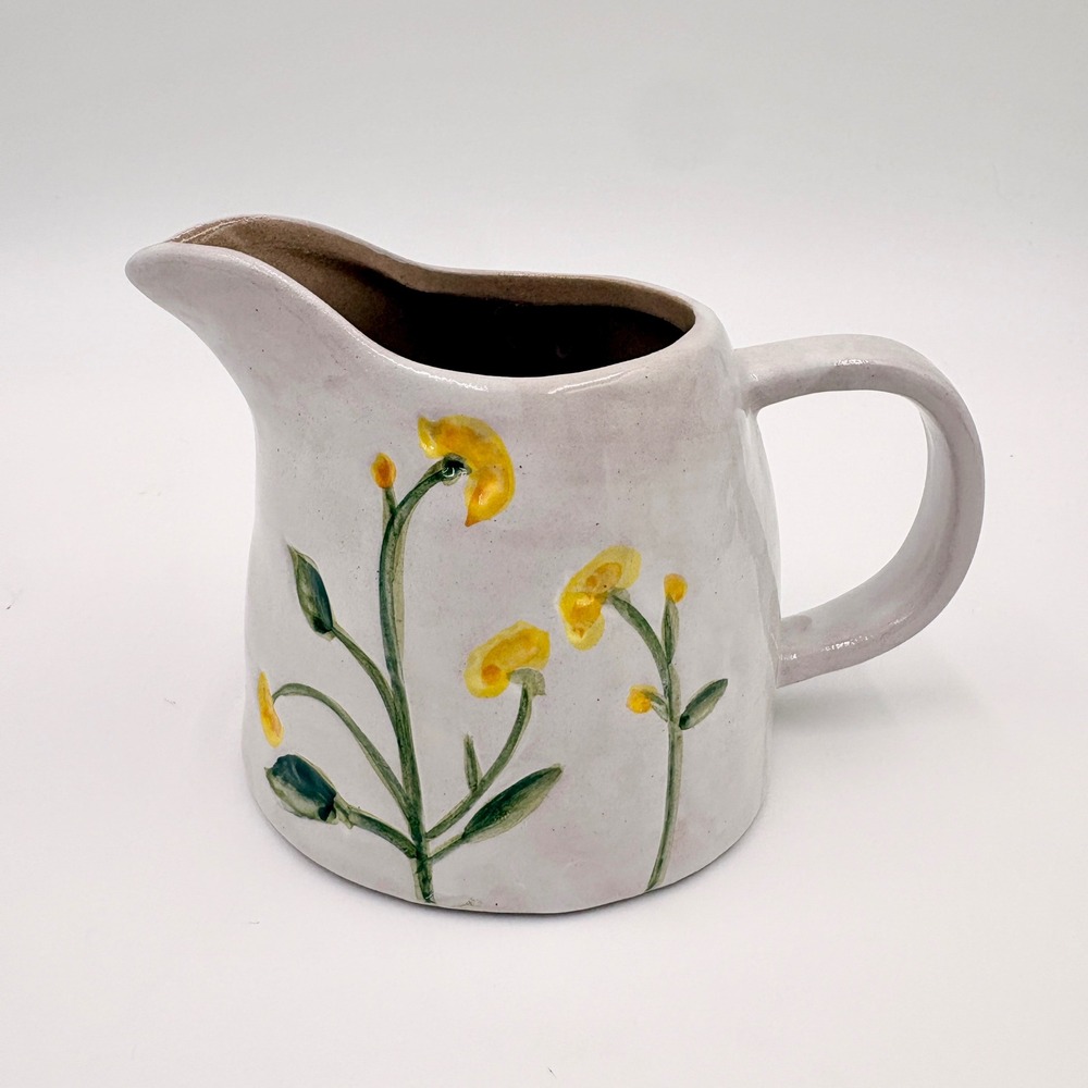 Potter's Studio Ceramic Floral Creamer Pitcher Yellow Flowers White Farmhouse